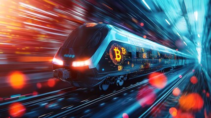 Fototapeta premium Futuristic Train with Bitcoin Graphics in Motion
