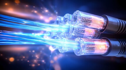 of glowing fiber optic cables with dynamic blue and orange light streams symbolizing cutting edge high speed internet and data transfer technology innovations set against a futuristic dark background