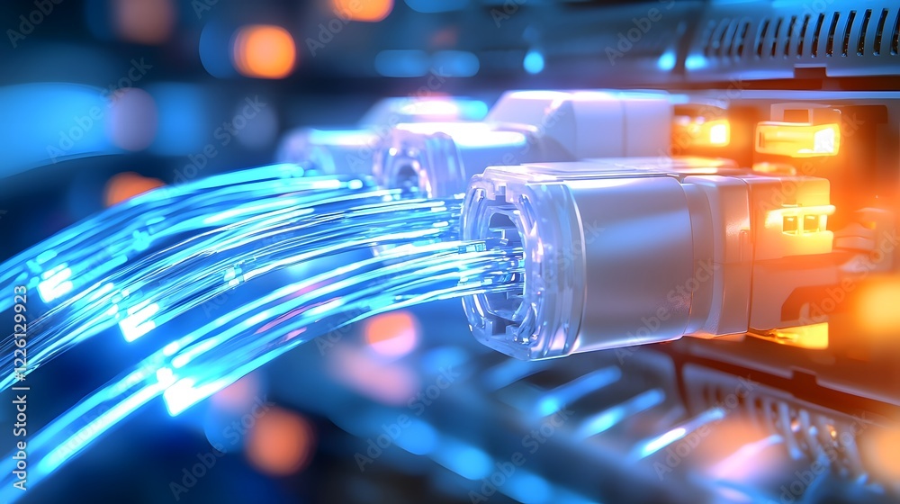 Aufkleber Abstract concept of efficient digital connectivity represented by glowing cables high tech server racks and radiant blue and orange light streams