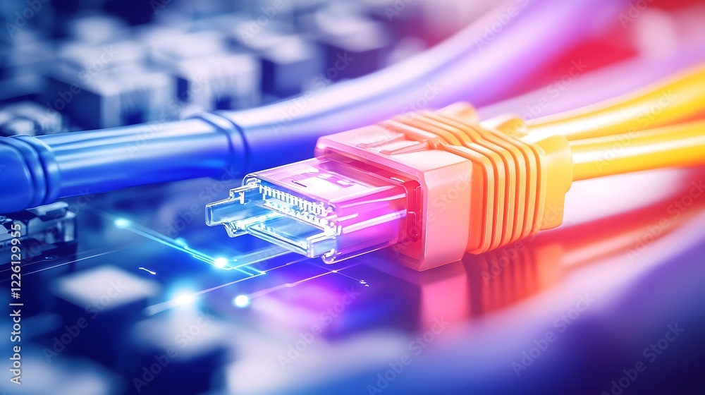 Poster Abstract representation of a modern digital network infrastructure featuring vibrant neon lit cables and servers emphasizing the advanced data transfer technology and connectivity of the digital age