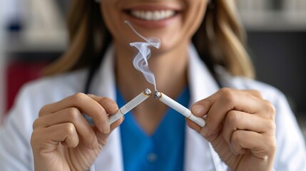 Female doctor smiling breaking cigarette in half
