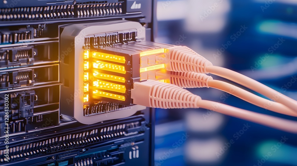 Poster Futuristic data center concept showcasing a close up view of a glowing network switch with multiple ethernet cables set against a dark background with dynamic light effects