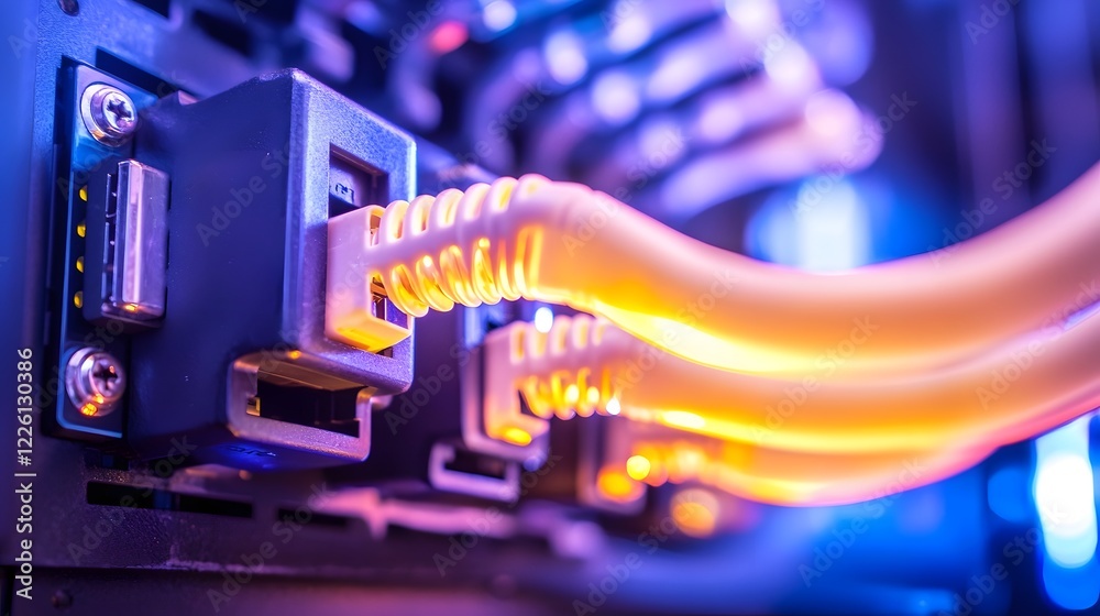 Poster Closeup of a image showcasing a network switch with neatly connected ethernet cables