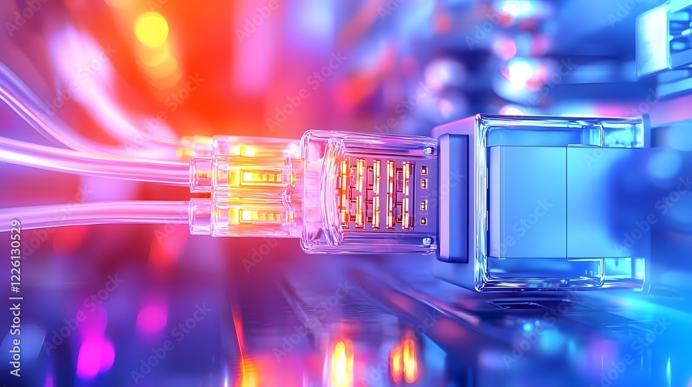 Poster Futuristic network switch with illuminated ethernet cables in a high performance data center environment highlighted by neon light trails and dynamic vibrant designs  Representing the connectivity