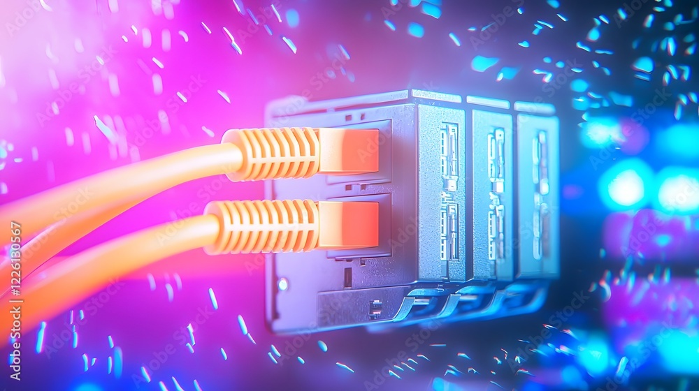 Poster Illuminated Ethernet Switch in Futuristic Data Center with Neon Light Trails and Dynamic Designs  Abstract depiction of high performance network infrastructure with vibrant colors glowing cables