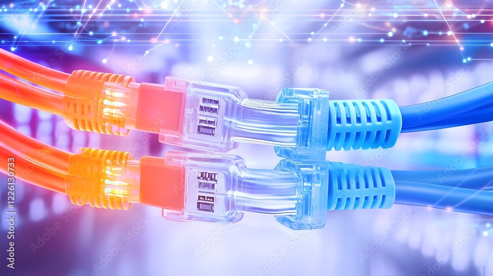 Leinwandbilder Closeup of Multiple RJ45 UTP Cat6 LAN Cables and Fiber Optic Connections with Glowing Computer Data Link Icons Symbolizing Cloud Computing Server Systems