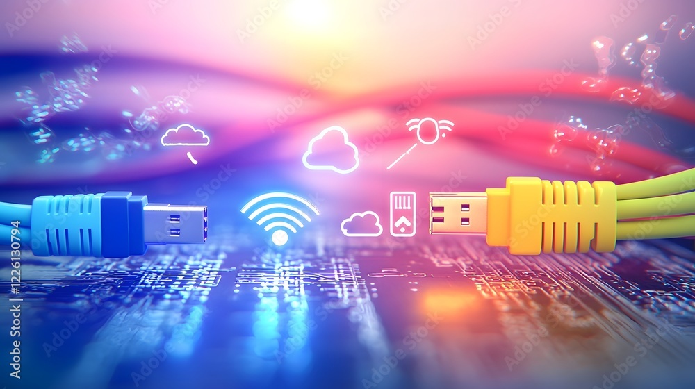 Poster Vibrant digital featuring an array of Ethernet cables fiber optics and data connections linked to icons for cloud computing switches routers and WiFi hubs