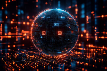 Fototapeta premium Exploring Digital Frontiers: A Globe Surrounded by Data Streams and Encryption Symbols