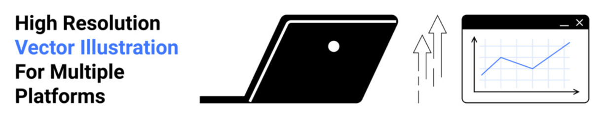 Laptop beside graph-filled browser window with upward arrows symbolizing data growth, tech, success. Ideal for tech growth, analytics, business, finance, productivity, progress abstract line flat