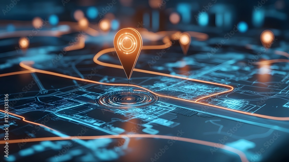 Poster Sleek and Modern Digital Map Design Featuring Vibrant Destination Pins Highlighted Navigation Route and Advanced GPS Guidance for Travel Logistics and Geospatial Analytics