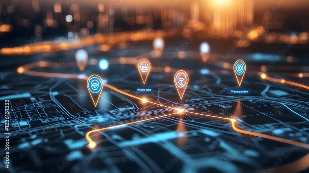 Poster Vibrant Digital Map Showcasing Origin and Destination Pins with Highlighted Route Line on a Modern and Sleek Layout Representing Advanced GPS Navigation and Accurate Guidance