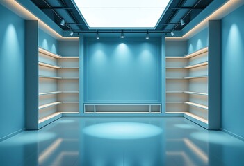 Modern minimalist blue retail space with shelves and display