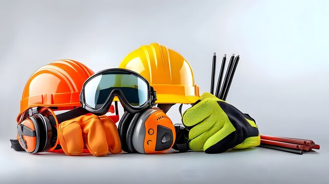 Arrangement of essential work safety equipment including helmets gloves and safety glasses displayed on a clean grey background