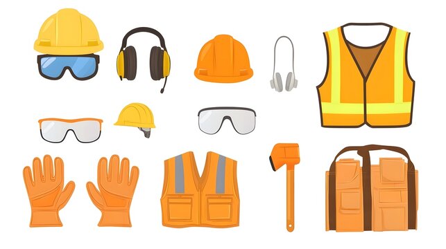 A comprehensive set of essential worker safety gear including a high visibility vest  protective hard hat  safety glasses  work gloves  and earplugs  arranged in a clean and organized flat layout