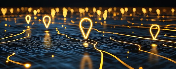 Digital wireframe , glowing line effect Abstract network of glowing location markers. digital wire glowing line design