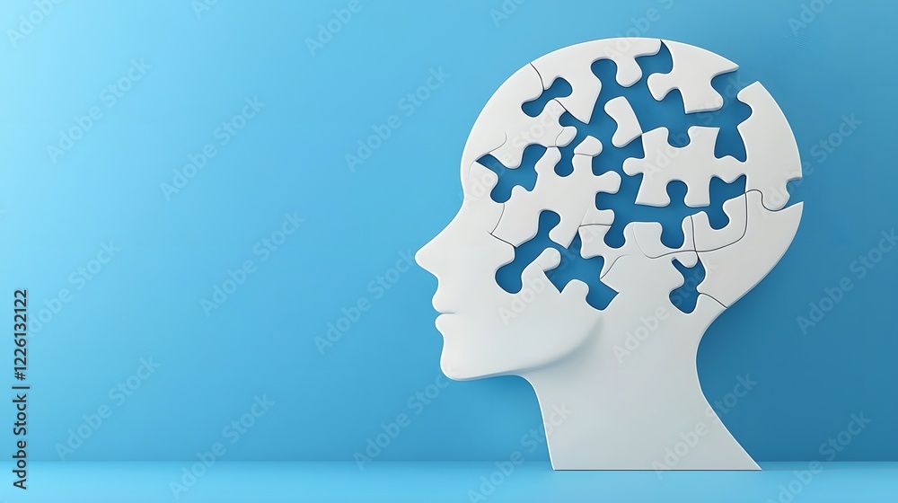 Aufkleber Fragmented Mind A Modern Abstract Design Featuring a Head Represented as a Puzzle with Pieces Falling Out Highlighted Against a Gradient Blue Background