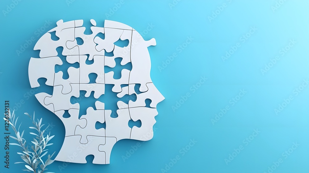 Poster scattered puzzle pieces arranged in the shape of a head representing the concept of personal growth 