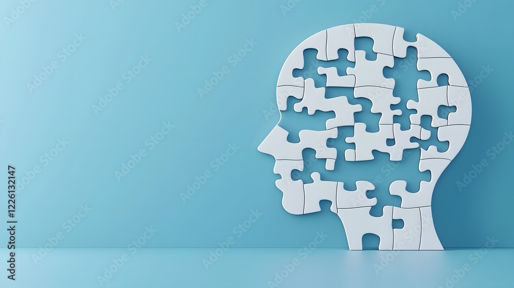 Aufkleber Creative visual representation of a head shaped puzzle with scattered and missing pieces on a vibrant blue background symbolizing personal growth cognitive challenges and mental well being