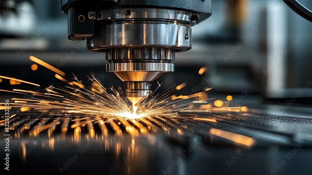 Poster Close up view of a high tech CNC machine using advanced laser technology to precisely cut and shape metal