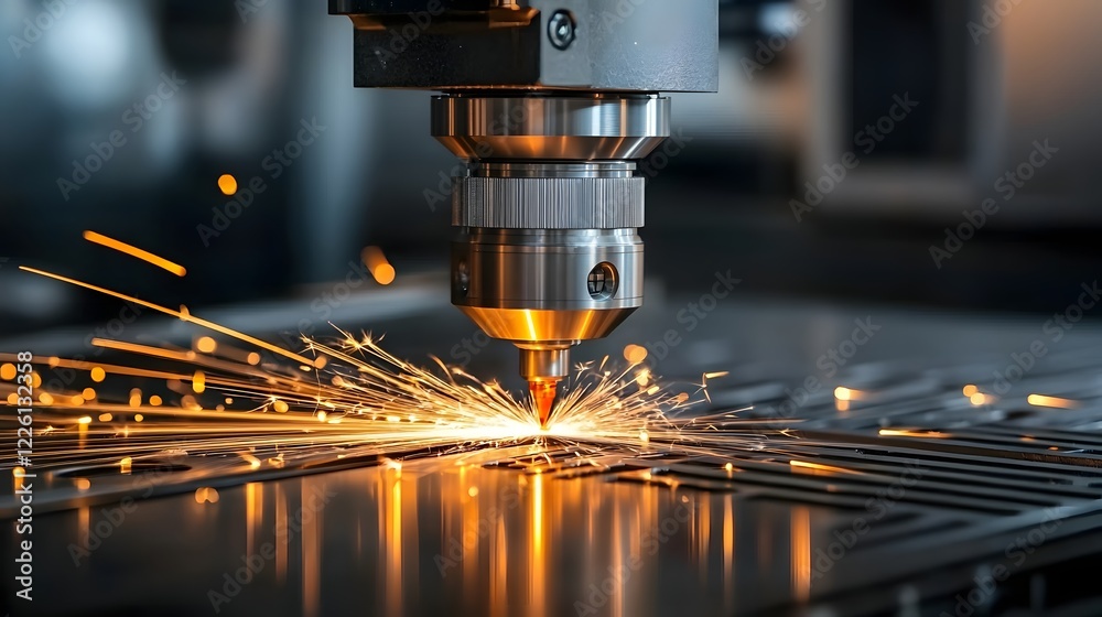 Poster Close up view of a high tech CNC machine using advanced laser technology to precisely cut and shape metal showcasing the sparks and efficiency of modern manufacturing processes