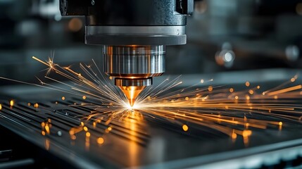 Close up view of a CNC machine using state of the art laser technology to precisely cut metal with sparks flying and demonstrating the efficiency and innovation of modern manufacturing processes