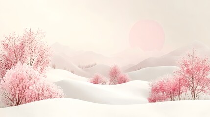 Pink winter landscape, snow-covered hills, pink trees, sunrise, serene nature scene for winter backgrounds