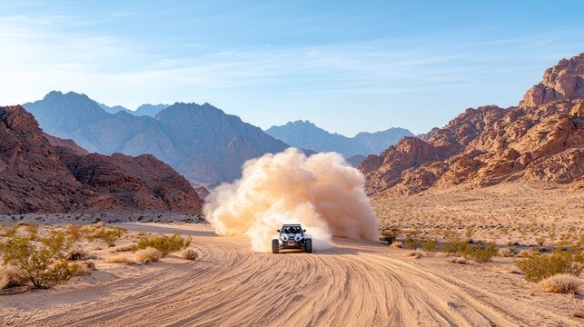 Desert dune buggy racing, dust cloud, mountain backdrop; adventure travel poster