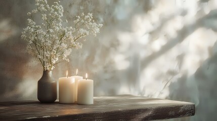 Serene candles and flowers on wooden table, sunlit wall background, peaceful home decor, ideal for relaxation themed content