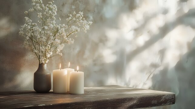 Serene candles and flowers on wooden table, sunlit wall background, peaceful home decor, ideal for relaxation themed content
