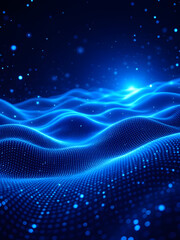 Obraz premium Futuristic Digital Landscape: Glowing Blue Wave Grid with Sparkling Particles in a Deep Space-Like Abstract Background, Representing AI, Big Data, and Technology