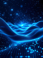 Futuristic Digital Landscape: Glowing Blue Wave Grid with Sparkling Particles in a Deep Space-Like Abstract Background, Representing AI, Big Data, and Technology