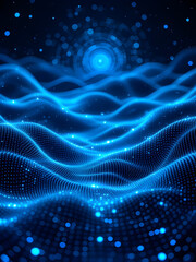 Obraz premium Futuristic Digital Landscape: Glowing Blue Wave Grid with Sparkling Particles in a Deep Space-Like Abstract Background, Representing AI, Big Data, and Technology