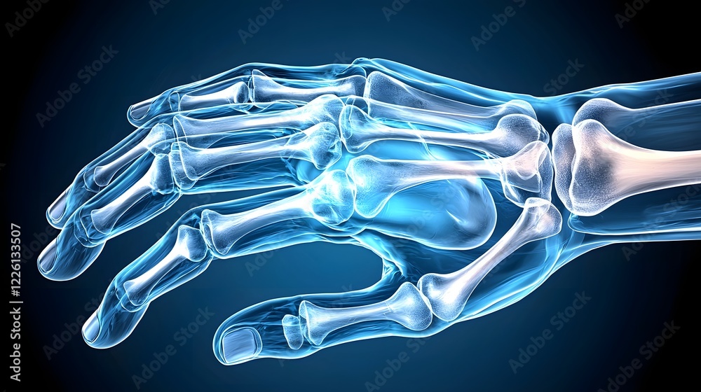 Aufkleber Highly detailed and precise x ray visualization of the human hand skeleton showcasing the intricate structure of bones joints and overall anatomy on a gradient blue background