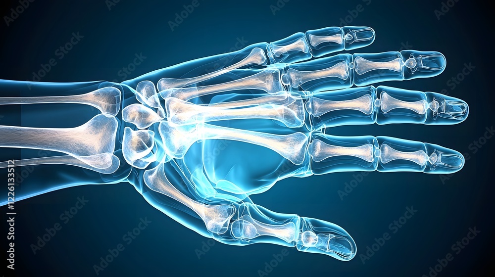 Poster detailed x ray image showcasing the intricate skeletal structure and joints of a human hand set agai