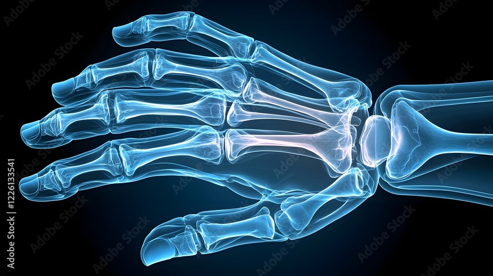 Poster Highly detailed x ray style digital showcasing the intricate skeletal structure of a human hand against a smooth gradient background transitioning from dark navy to soft sky blue