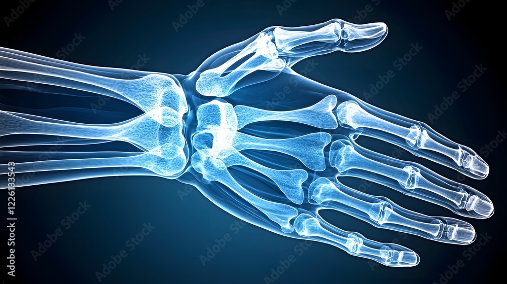 Poster x ray showcasing the intricate skeletal structure of a human hand against a smooth gradient background transitioning from dark navy to soft sky blue