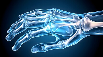 Highly detailed and precise x ray visualization of the human hand skeleton showcasing the intricate structure of bones joints and overall anatomy on a gradient blue background