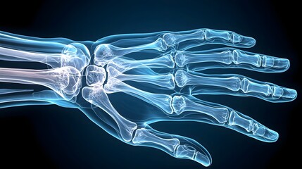 x ray showcasing the intricate skeletal structure of a human hand against a smooth gradient background transitioning from dark navy to soft sky blue