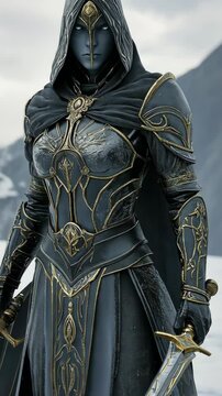 Dark armored character stands amidst a snowy landscape with majestic mountains in the background