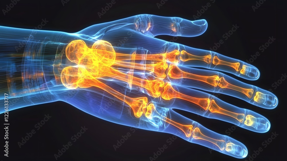 Poster X ray image showcasing the intricate skeletal structure of a human hand with the bones and joints highlighted in detail against a smooth blue gradient background
