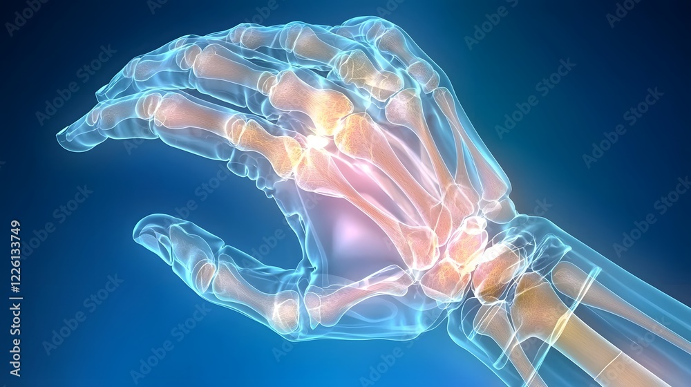 Poster Detailed X Ray Image of a Human Hand Showcasing the Intricate Skeletal Structure and Joints Set Against a Soft Gradient Blue Background