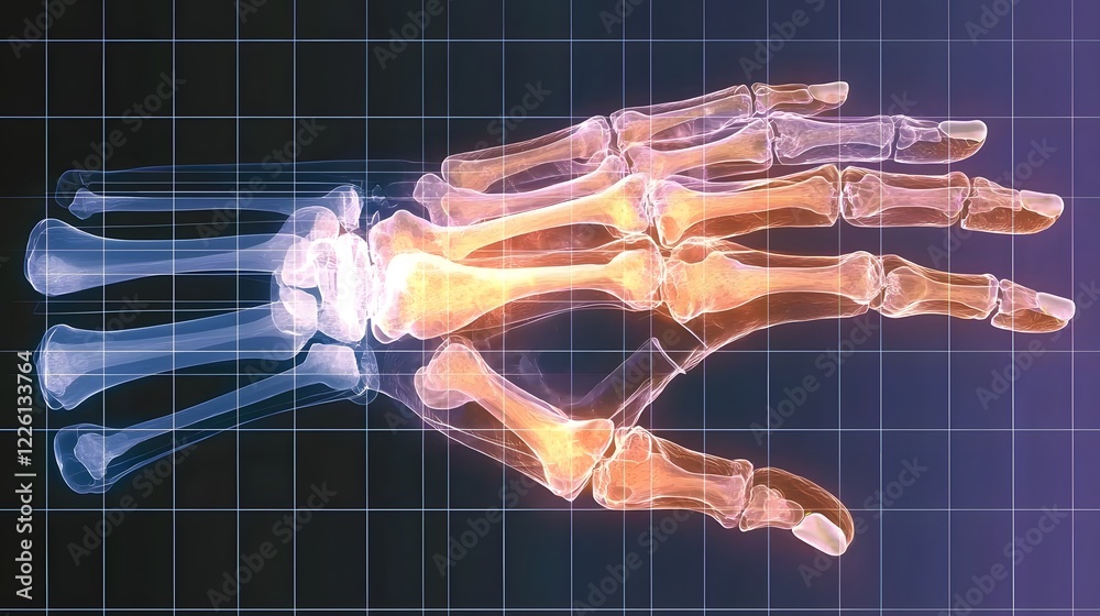 Poster detailed x ray visualization of intricate human hand bone and joint anatomy showcased on a gradient 