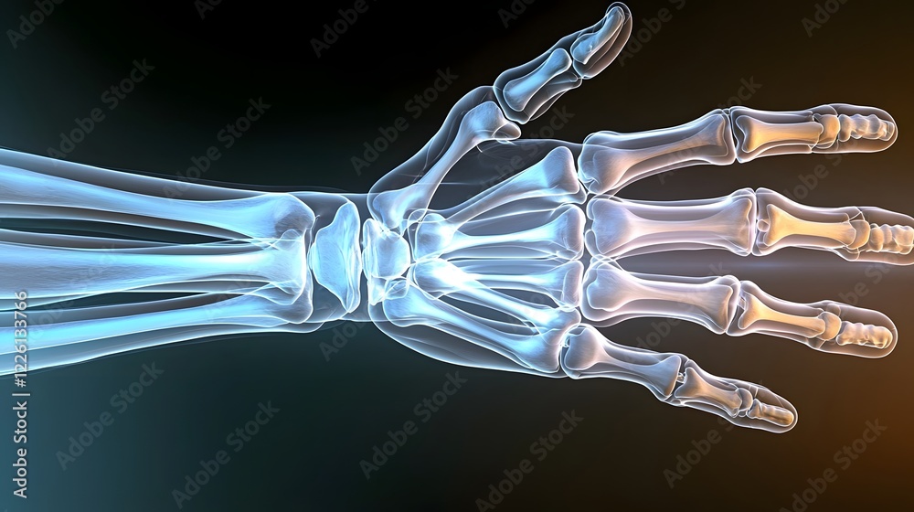 Poster radiographic image showcasing the intricate anatomy and precise skeletal structure of a human hand displayed against a gradient blue background for enhanced visual clarity and scientific examination