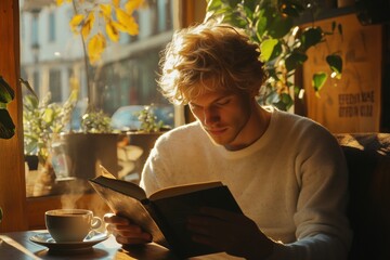 A young man with curly hair reading a book while sitting in a sunlit café.
