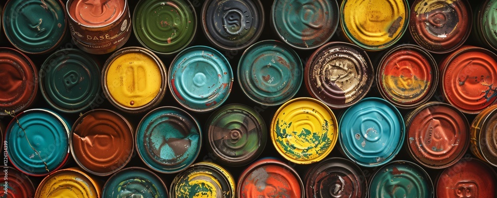 Poster Array of paint cans arranged in rows against a vibrant backdrop