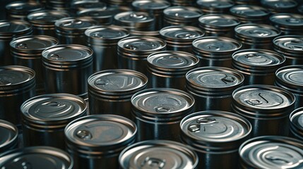 Neatly arranged rows of unmarked aluminum cans hint at a large-scale storage or manufacturing operation