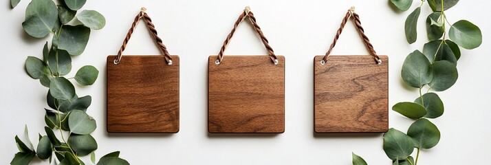 Elegant Wooden Signboards with Walnut Wood Finish and Eucalyptus Leaves – Perfect for Commercial Use and Decorative Ideas