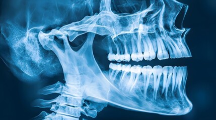 medical grade x ray image showcasing the detailed skeletal anatomy of the human skull and teeth suitable for use in dental healthcare diagnosis