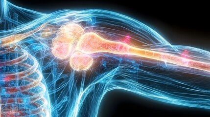 Detailed 3D medical visualization of shoulder joint pain area in an adult male with glowing red inflammation