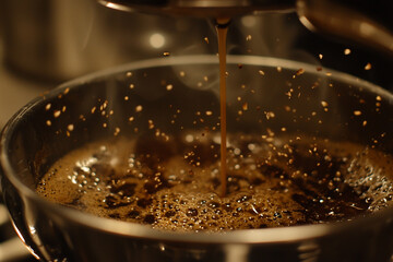 Close-up of freshly brewed coffee pouring into a metallic cup with steam rising in a cozy kitchen